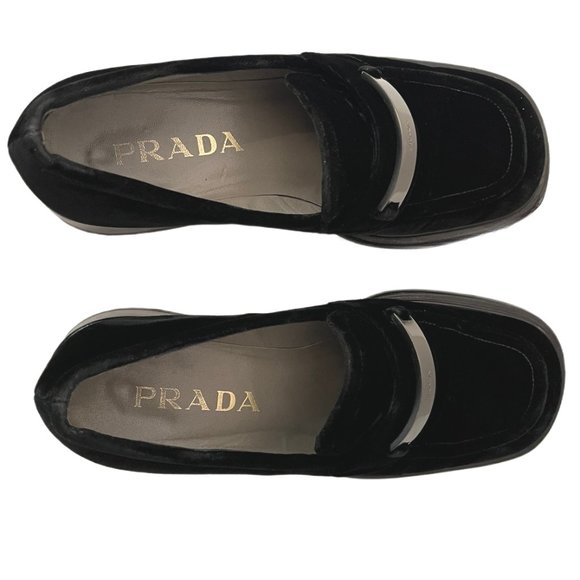 Prada Vintage Black Velvet Chunky Loafers with Metal Logo Size 36.5 US Size 6.5 - Picture 2 of 11
